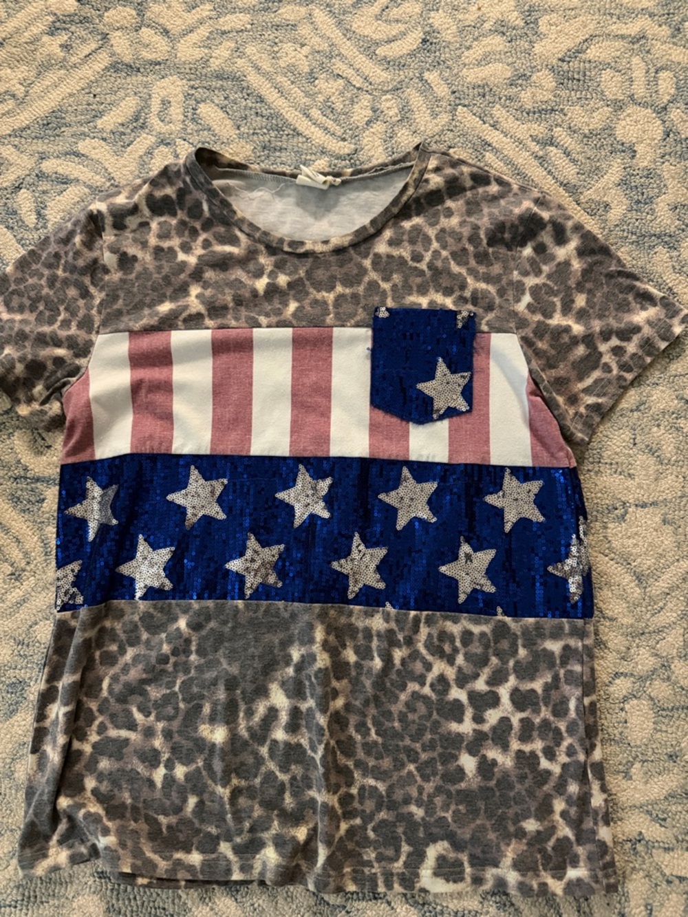 Leopard Print Short Sleeve Tee with Sequin Stars - Gray, Blue, Red